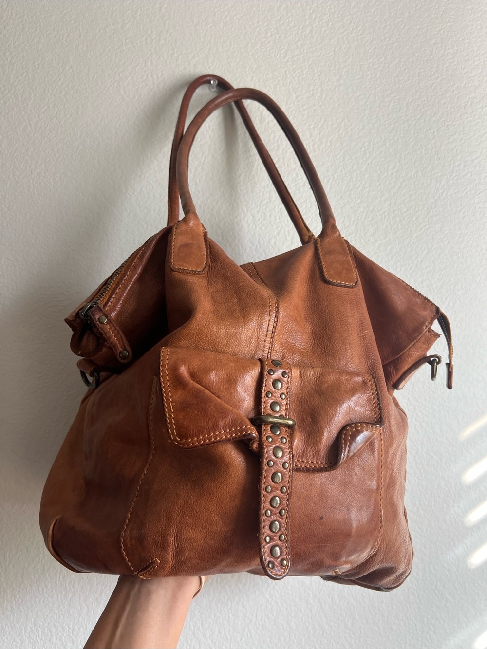 Classic Camel Brown Leather Tote Bag with Studded Strap